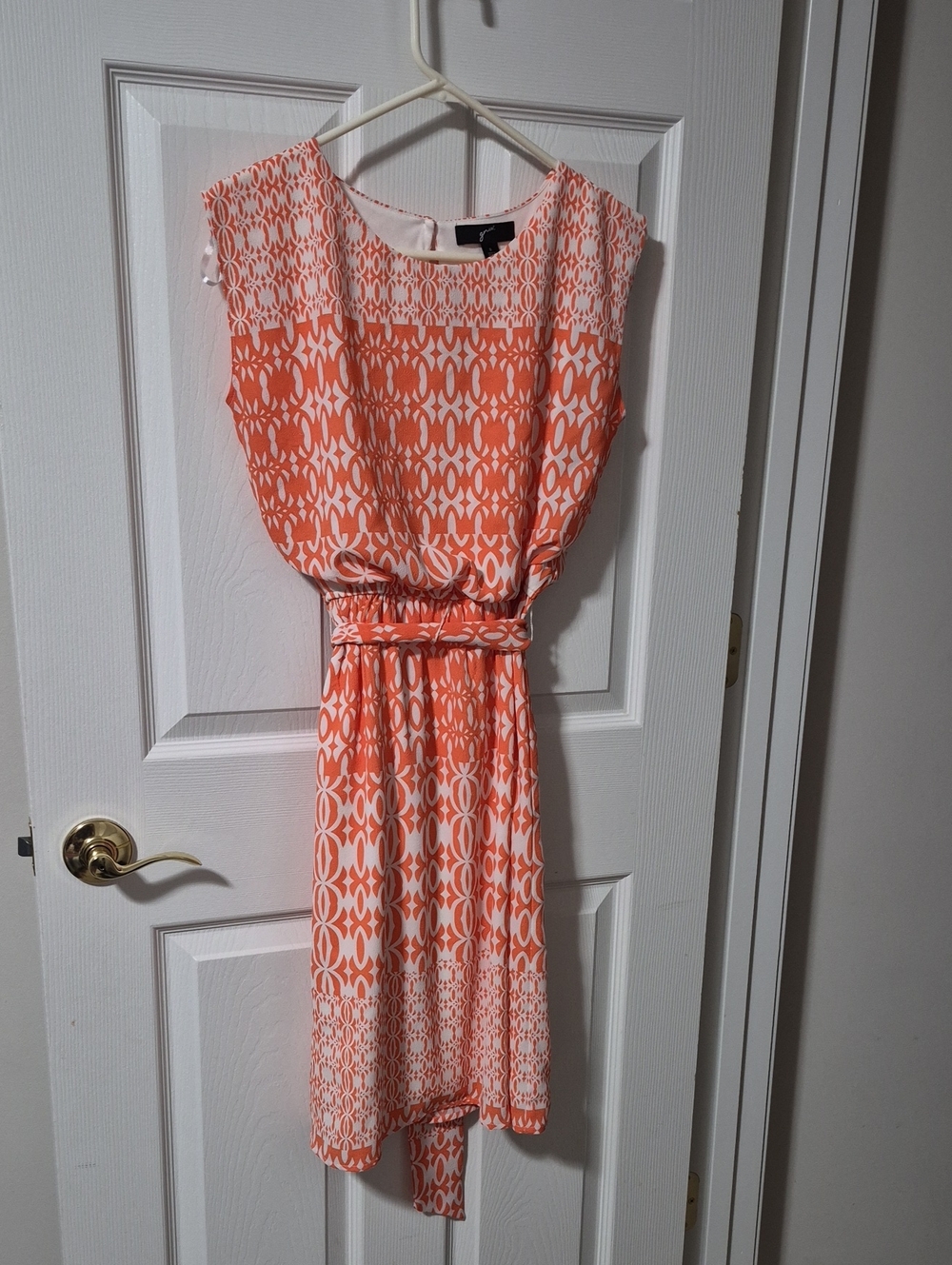 GNW Coral and White Printed Midi Dress with Self-Tie Waist
